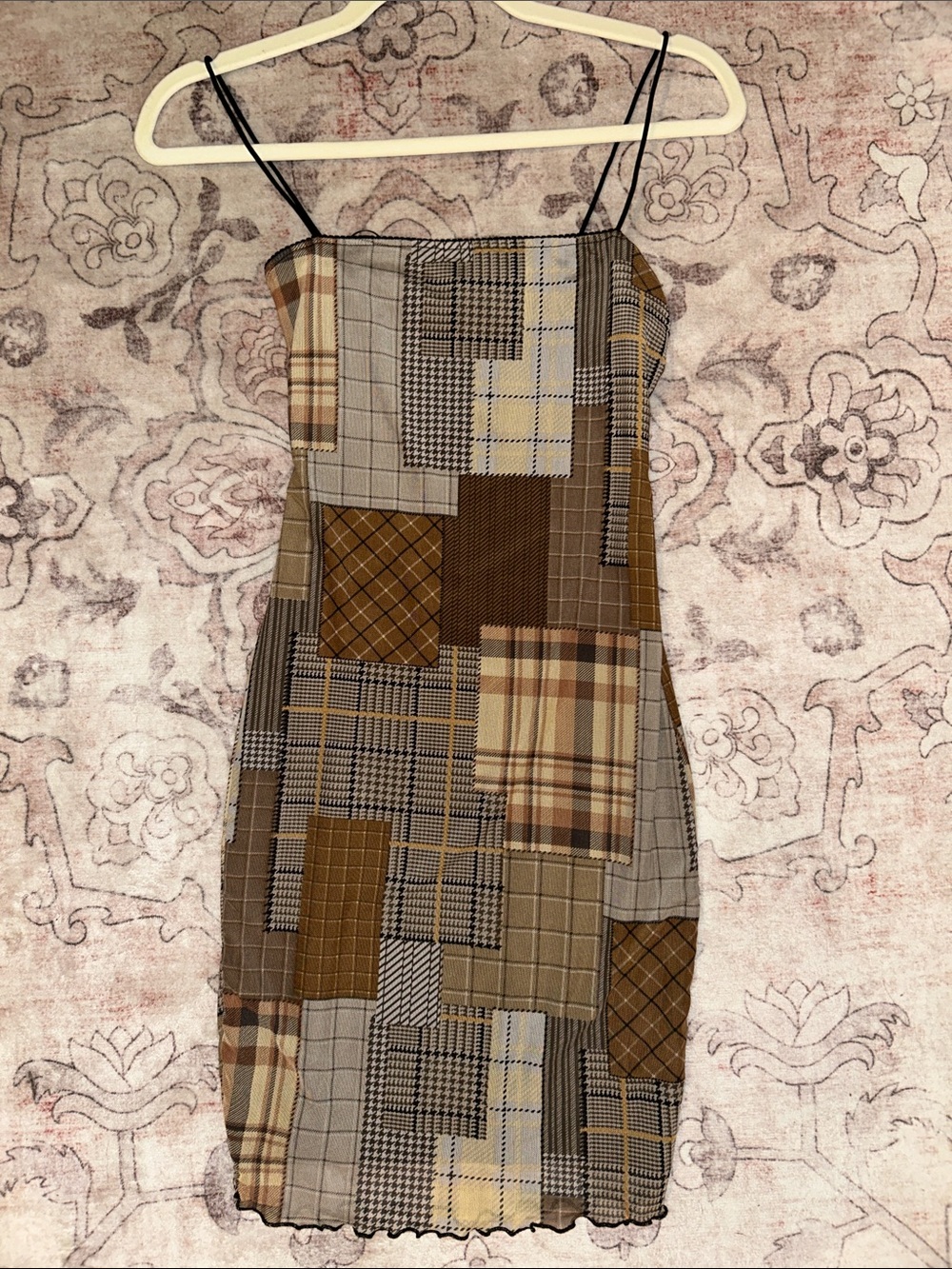 Bear Dance Brown Plaid Patchwork Slip Dress